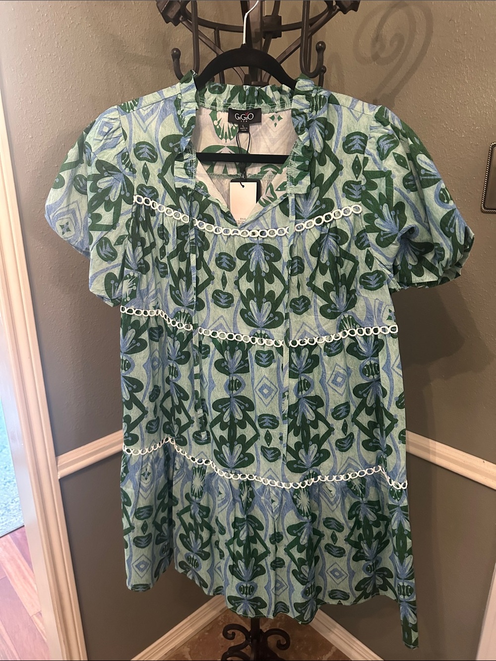 GiGiO Green & Blue Patterned Short Sleeve Dress